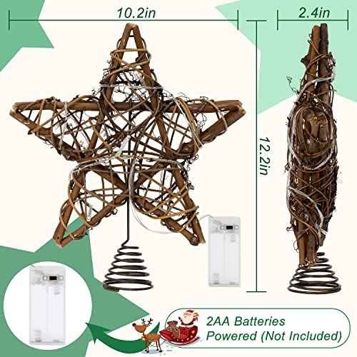 Christmas Tree Topper, Rustic Rattan Star Treetop Christmas Tree Decorations with 10 Light, Star Tree Toppers for Indoor Holiday Party Xmas Decorations