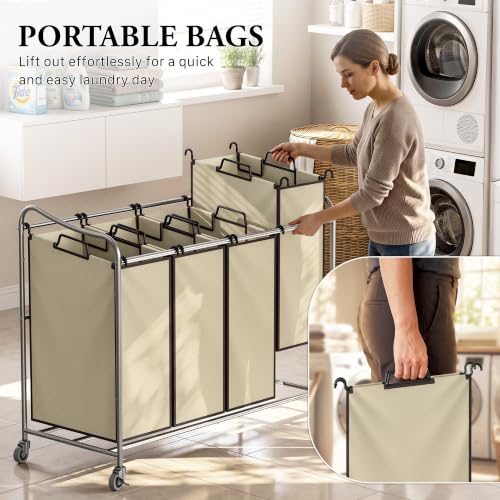 Heavy Duty Rolling Laundry Cart with 4 Bags - Chrome Finish, Durable Steel Frame