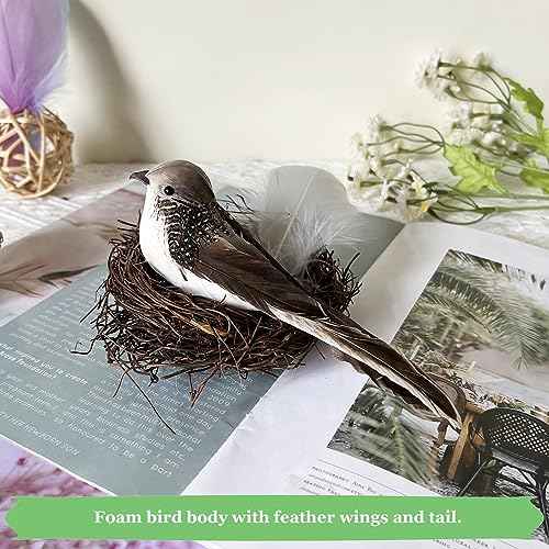LWINGFLYER 2pcs Gray Artificial Feathered Birds 6inch Clip on Sparrow Bird Ornaments for Christmas Tree Decoration Wreath Craft Garden Home Decor Party Accessories