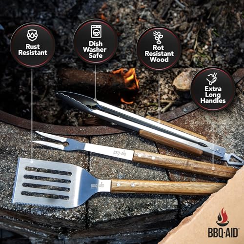 BBQ 3 Pcs Set - Heavy Duty Stainless Steel Grill Tools with Hard Wood Handles - BBQ-Aid