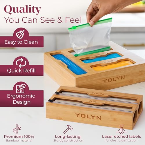 Natural Bamboo Food Storage Bag Organizer with Dispenser & Detachable Design