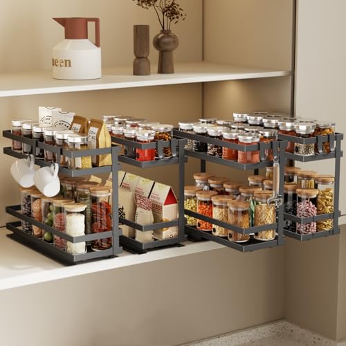Magheo 4 Pack Black Pull Out Spice Rack Organizer for Cabinets - Metal 2-Tier Slide Storage