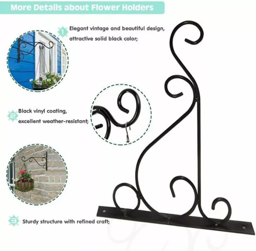 Metal Hanging Plant Brackets - 9.84-Inch Black Iron Wall Mount Hanger for Outdoor Plants & Lanterns