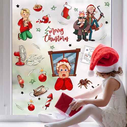 Yovkky Merry Christmas Home Alone Window Clings 9 Sheets, Xmas Kevin Battle Plan Thief 2026 New Year Stickers Decals Decor, Stocking Fan Iron Winter Holiday Home Kitchen Decorations