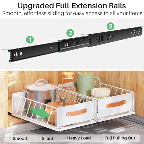 Pull Out Cabinet Organizer 11.8W x 15.7D x 6.2H Inches White - Heavy Duty Sliding Shelf with Handle, Nano Film Adhesive, 1 Pack