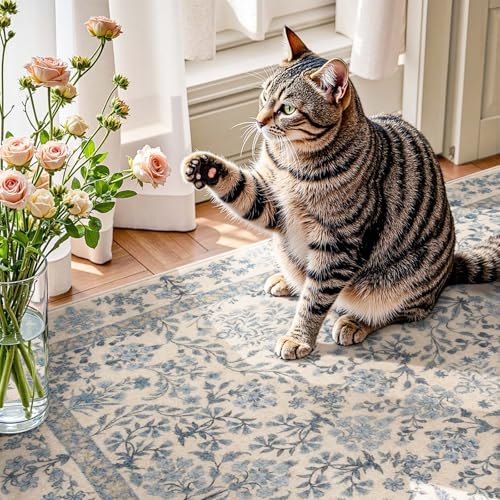 Jinchan Blue/Cream 3x10 Washable Floral Hallway Runner Rug Non-Slip
