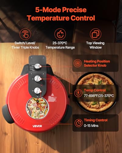 Red 14-Inch Electric Pizza Oven - Large Countertop Pizza Maker with 1600W & Adjustable Temperature