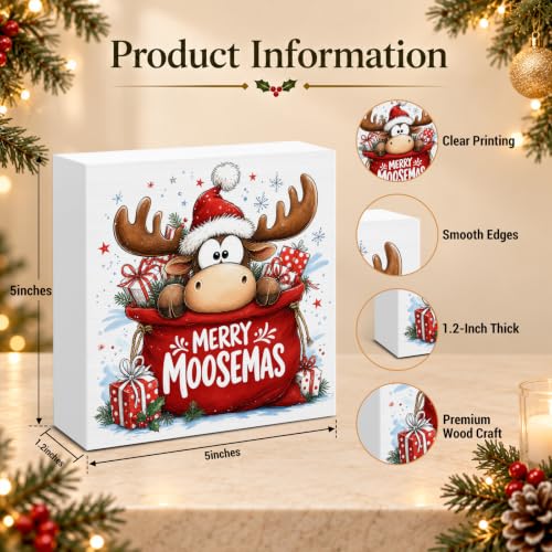 Funny Reindeer Christmas Decor, Merry Moosemas Wooden Sign Decorations