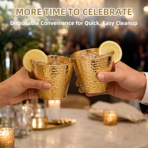 MiraFure Gold Hammered Plastic Party Cups 9oz - BPA-Free, Leakproof, Disposable, Elegant Drinkware for Weddings & Events