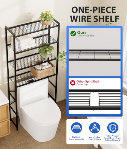 Over-the-Toilet Bathroom Organizer Rack with 4 Tiers, Adjustable Feet - Black