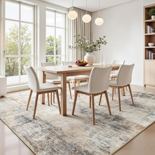 Grey and Gold Abstract Area Rug 8x10 - Non-Slip Washable Modern Rug for Living Room
