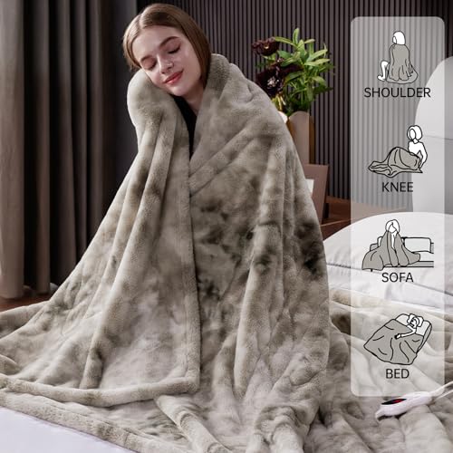 Guohaoi Light Grey 90x100 Inch Faux Rabbit Fur Heated Blanket Electric Throw