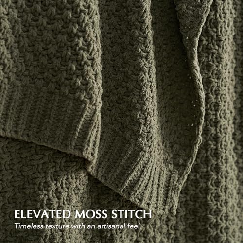 EverGrace Olive Green Chunky Chenille Knit Throw Blanket 90x90 Inches