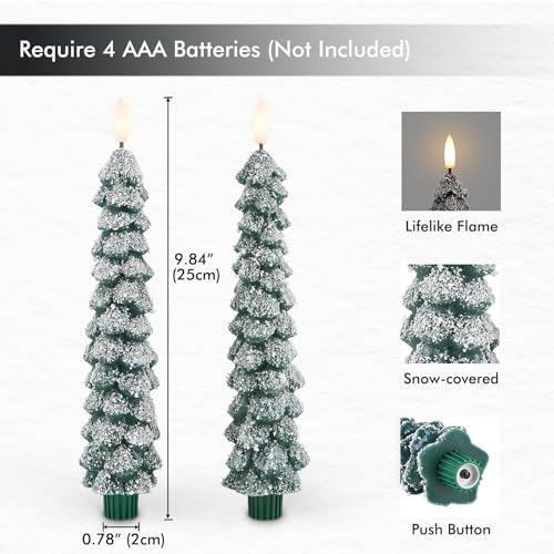 Fanna Green Snow Covered Christmas Tree LED Candles, Flameless Taper with Remote & Timer - Set of 2