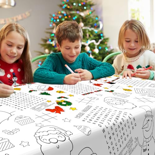 Labeol 1 Pack Christmas Tablecloth, Christmas Coloring Tablecloth for Kids, 54"x108" Giant Santa Claus Snowman Maze Color-in Paper Poster Table Cover for Winter Party Arts and Crafts