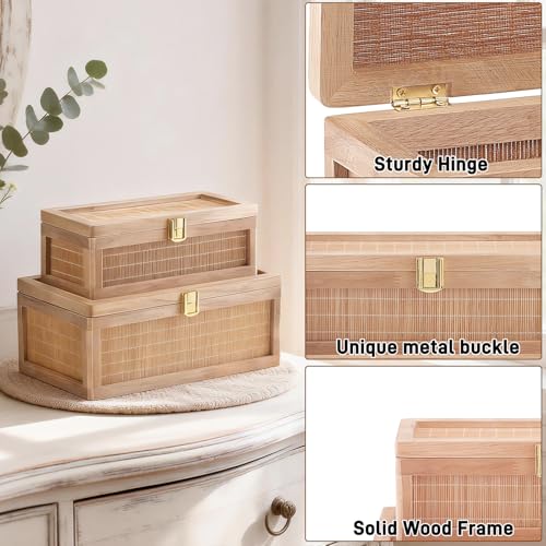 Light Brown Bamboo Decorative Box Set with Lids - 2 Pieces Boho Keepsake Storage