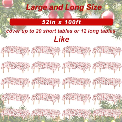 52 Inch x 100 Ft Christmas Plastic Tablecloth Roll - White & Red Candy Cane Design, Disposable Holiday Cover