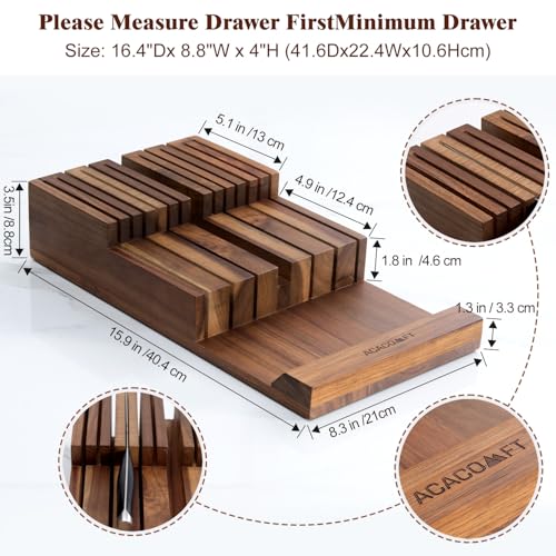 In-Drawer Knife Block Organizer without Knives, Acacia Wood, Fits Most Drawers