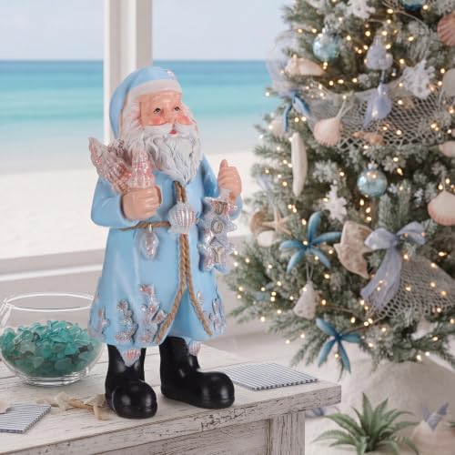 Coastal Santa Figurine 10in — Blue Coat with Seashells & Starfish Christmas Decor