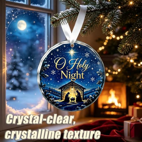 O Holy Night Christmas Ornament - 3 Inch Nativity Scene with Snowflakes & Gold Lettering