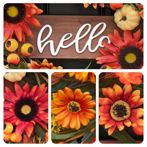 Fall Sunflowers Wreath - 24 Inch Artificial Fall Front Door Decor with Hello Sign