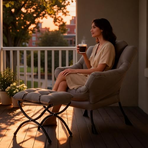 Tiita Lazy Chair with Ottoman - Khaki Peach Skin Accent Reading Chair