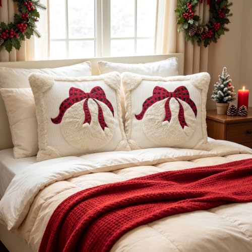Vteeculor Beige Christmas Bell 18x18 Set of 2 Plush Faux Fur Throw Pillow Covers