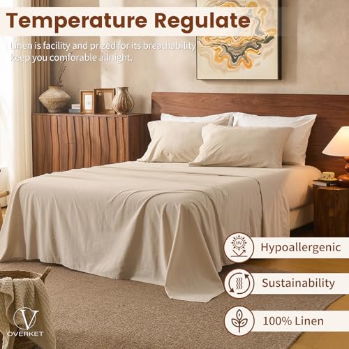 Deep Pocket Linen Sheet Set Queen Size - 4 Piece All-Season Breathable Bed Bedding
