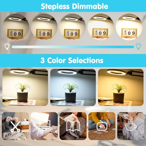 20-Inch Stand and Clamp LED Magnifying Desk Lamp with Real Glass Lens, Adjustable Light