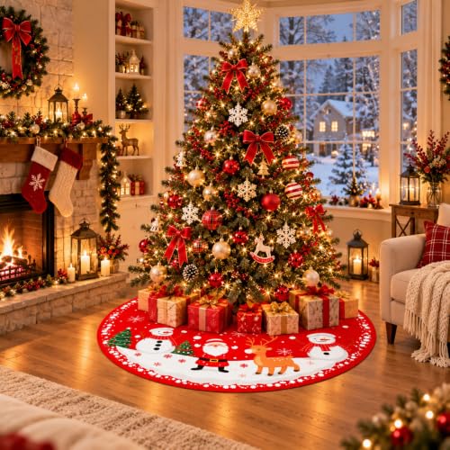 Christmassy 47in Red Christmas Tree Skirt with Santa, Snowmen & Reindeer Print