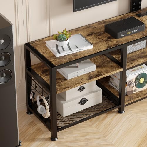 VECELO 63-inch TV Stand with Mount, Power Outlets & Open Shelves, Rustic Wood & Metal Frame