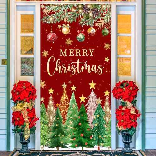 Christmas Door Cover Christmas Tree Door Cover Red and Green Xmas Door Decorations Xmas Door Banner Photo Booth Props for Wall Party