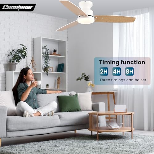 Conciseer 42 Inch Modern Ceiling Fan with Light & Remote - White/Wood Grain, Reversible DC Motor, 6 Speed, Flush Mount, Quiet for Bedroom & Living Room - Variation 1