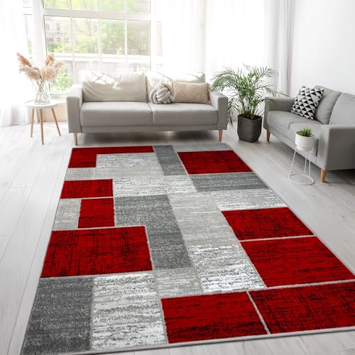 Red Geometric Area Rug 8x10 ft Modern Abstract Carpet for Living Room Bedroom