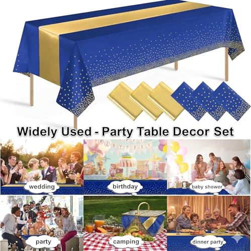 Idrese 8-Pack Tablecloths + 2 Blue Gold Satin Runners Set - 54x108in Plastic Table Cover