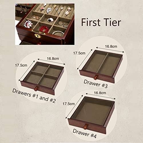 Changsuo Cherry Wooden Jewelry Box for Women Lockable Organizer with Mirror and Compartments