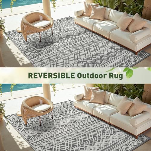 Grey Waterproof Outdoor Rug 6x9 ft Reversible Patio Carpet for Deck Balcony Backyard
