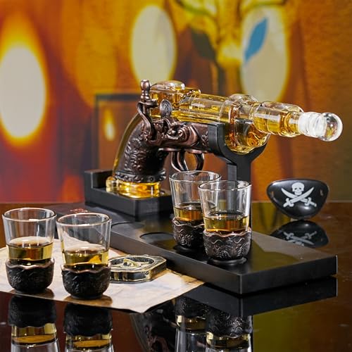 VYLPM Gun Whiskey Decanter Set with 4 Shot Glasses - Unique Home Bar Gift