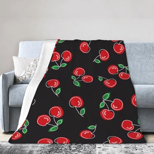 GVGOAGL Red Cherry Black Lightweight Throw Blanket 80x60 for Adults - Cozy Flannel Bed Cover
