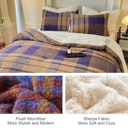 Cyusri Khaki & Blue Plaid Sherpa Comforter Set Queen Size 90x90 with 2 Pillowcases