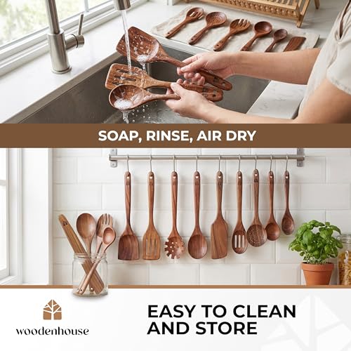 Woodenhouse 13-Piece Teak Wooden Kitchen Utensil Set for Nonstick Pans