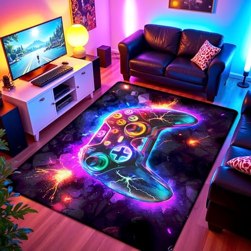 Game01 5x7 ft Neon Gaming Area Rug for Boys Room - Colorful Controller Carpet for Gamer Zone