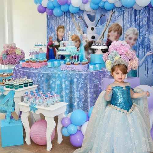 3 Pack Snowflake Tablecloths for Round Table, 84x84'' Blue Purple Plastic Cover, Winter Wonderland Party Decorations for Girls Princess Party, Christmas Holiday