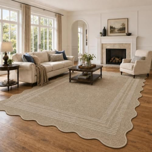 GarveeHome 6'x9' Tan Scalloped Area Rug - Washable Non-Slip Low Pile Jute Style