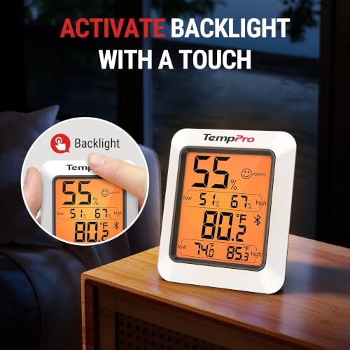 TempPro Bluetooth Hygrometer Thermometer for Greenhouse Up to 260ft - App Control, Data Export, High Accuracy, Backlit Display, 2-Pack