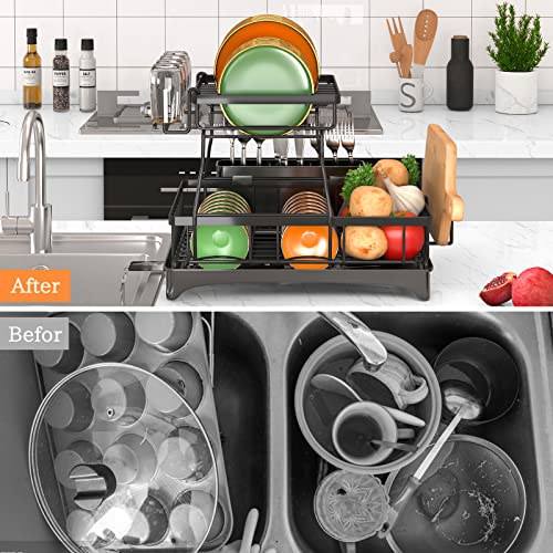 Godboat 2-Tier Dish Drying Rack - Auto Drain-to-Sink Black