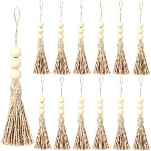 Happyay 12 Pcs Jute Rope Tassel with 3 Wood Beads, Farmhouse Beads with Tassel Ornaments Hanging Decoration for Closet Door Knob Decor