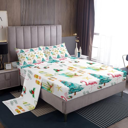 Pink & Green Twin Microfiber Fitted Sheet Set - 4 Piece Summer Beach Bedding