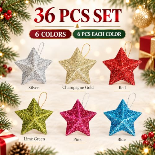 36-Piece Glitter Gold Star Christmas Ornaments Set with Loops