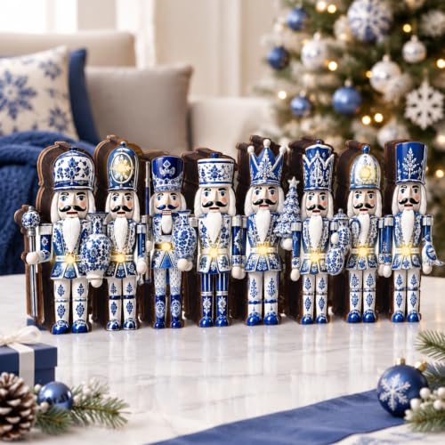 Junkin Lighted Blue and White Wooden Nutcracker Christmas Table Decor - Porcelain Variant